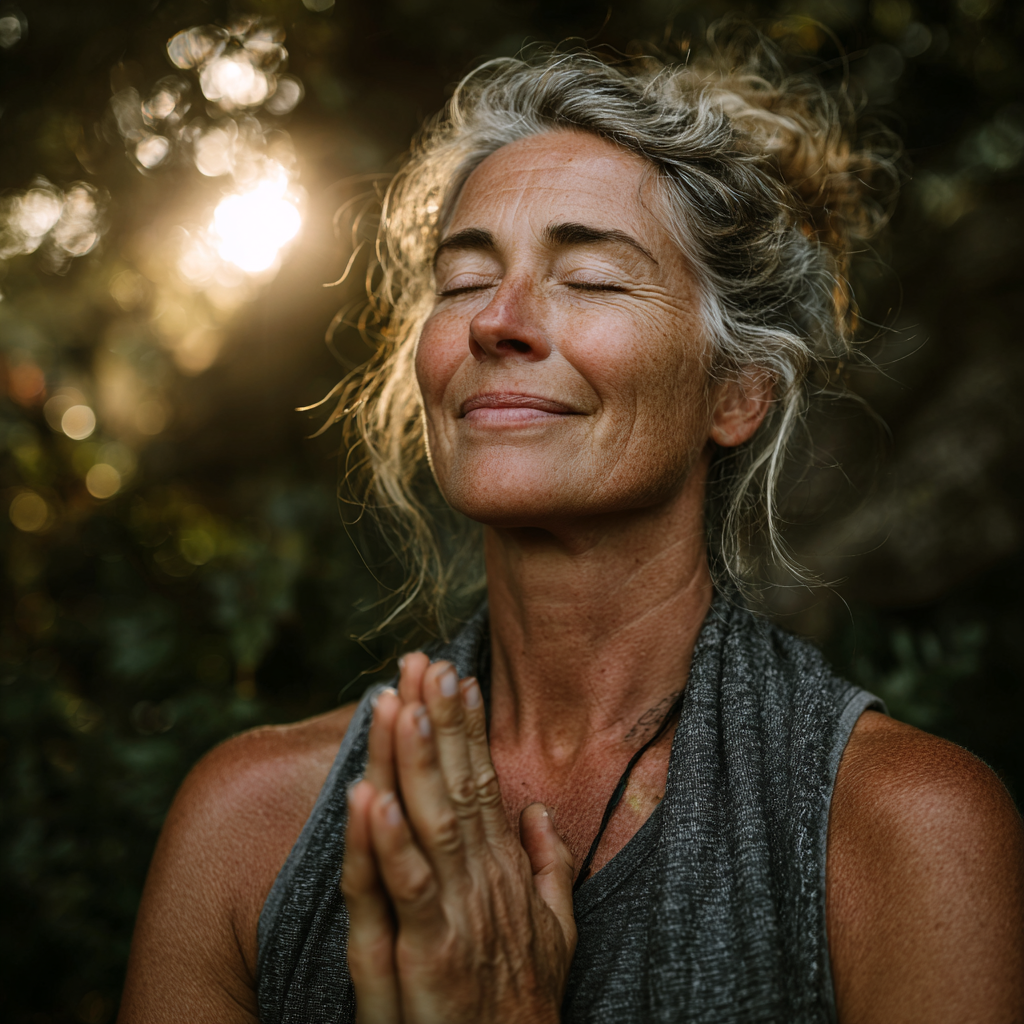 Жінка 55 років практикує йогу на природі, в позі воїна, з посмішкою на обличчі та закритими очима, відчуваючи гармонію з природою