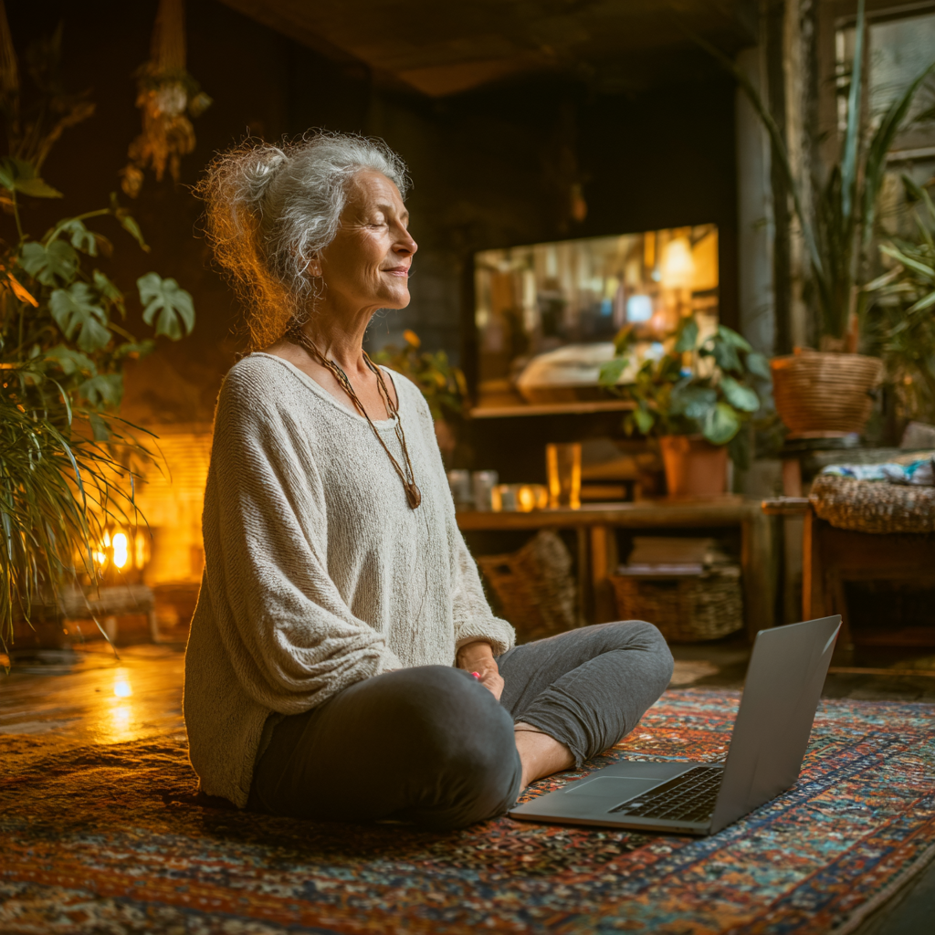 Жінка 56 років практикує йогу вдома перед ноутбуком, на якому транслюється онлайн-заняття purtindev, в затишній кімнаті з рослинами