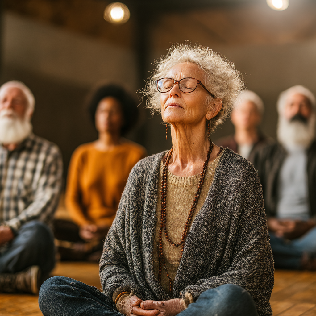 Група людей віком 50-60 років сидить у колі в медитативній позі лотоса з закритими очима, створюючи атмосферу спокою та внутрішньої гармонії
